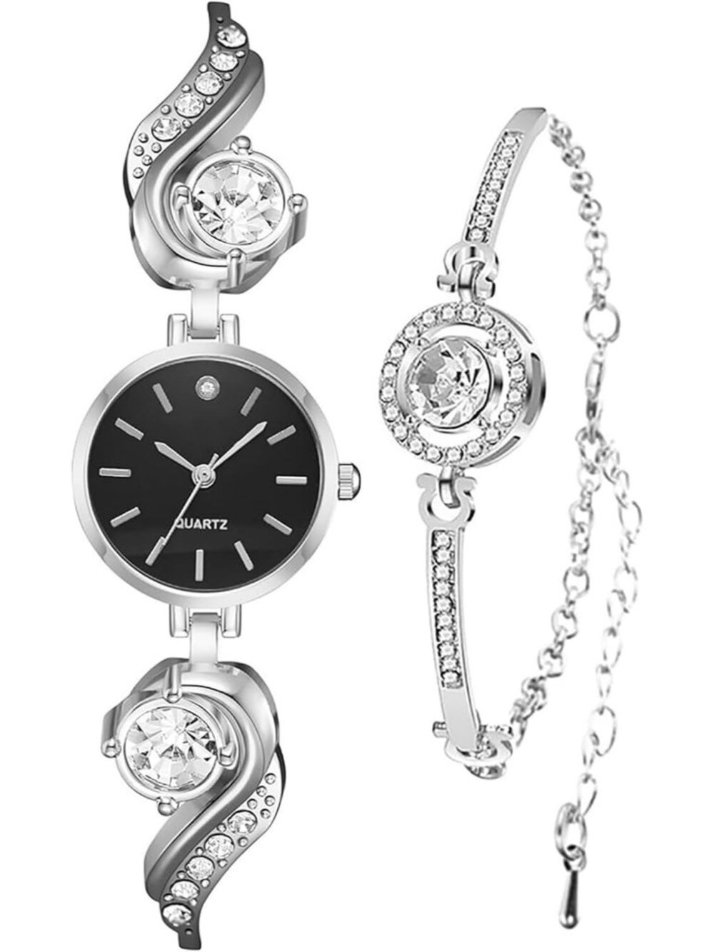 Women's Silver Black Elegant Diamond Accent Quartz Casual & Formal Wear Watch
